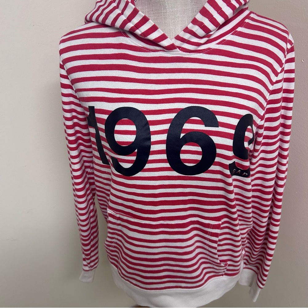 GAP Womens Retro 2014 Red White Stripe Pull-over Hoodie Sweatshirt Nautical M